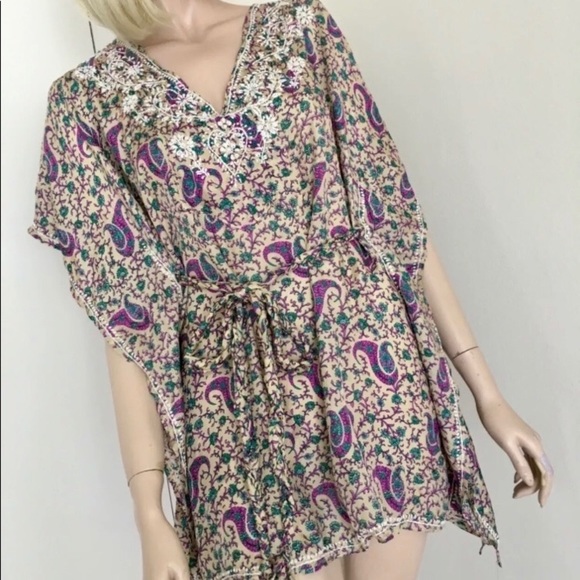 Sundance Silk Caftan Tunic Top Purple Paisley Hearts & Flowers Embroidery M/L - Picture 2 of 12